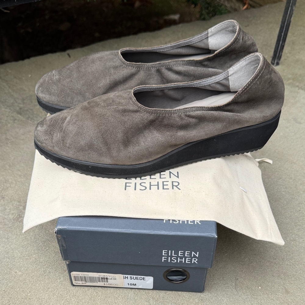 EILEEN FISHER SUEDE LEATHER ASH OLIVE MELLOW SOFT SHOES SIZE 10M DUST BAG & BOX